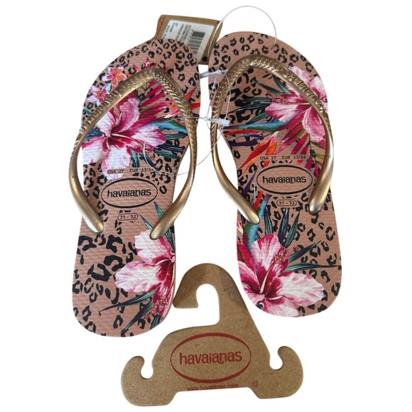 Havaianas Flip‎ Flops Girls US 2Y / EU 33-34 Pink Floral Leopard Gold NWT - Picture 1 of 5